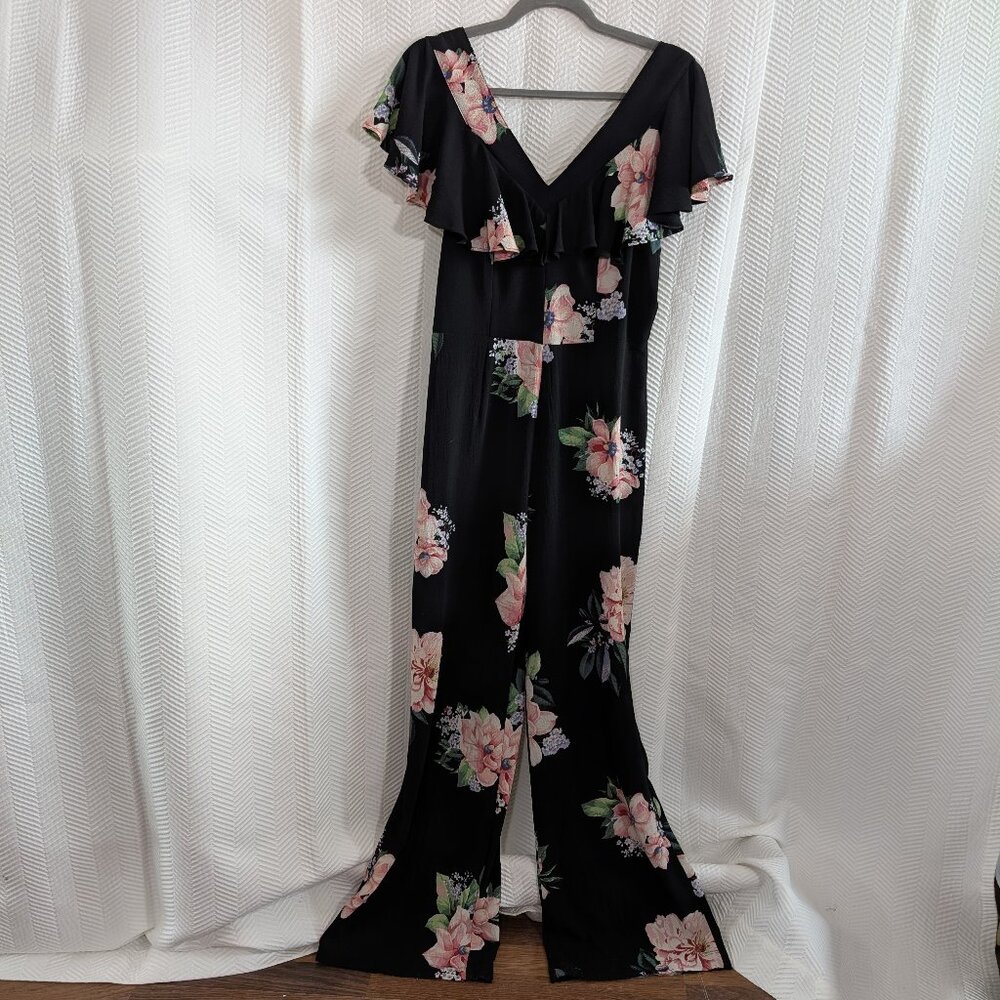 Nicole Miller Studio Black and Pink Floral Wide Leg Ruffled Jumpsuit Size 4